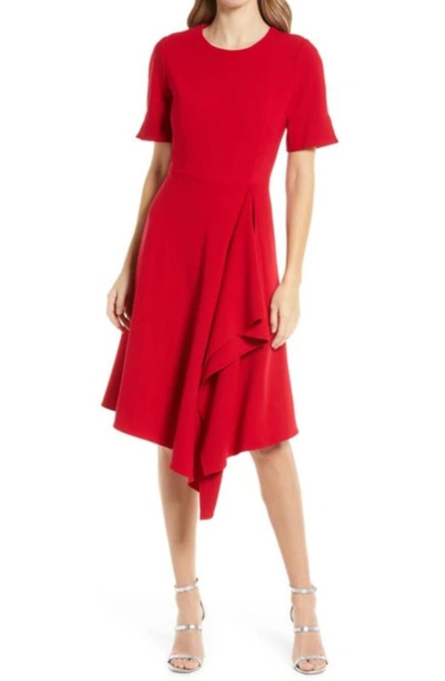 Black Halo Crete Taylored Midi Dress in Bonfire Red Ruffle Short Sleeve Size 6